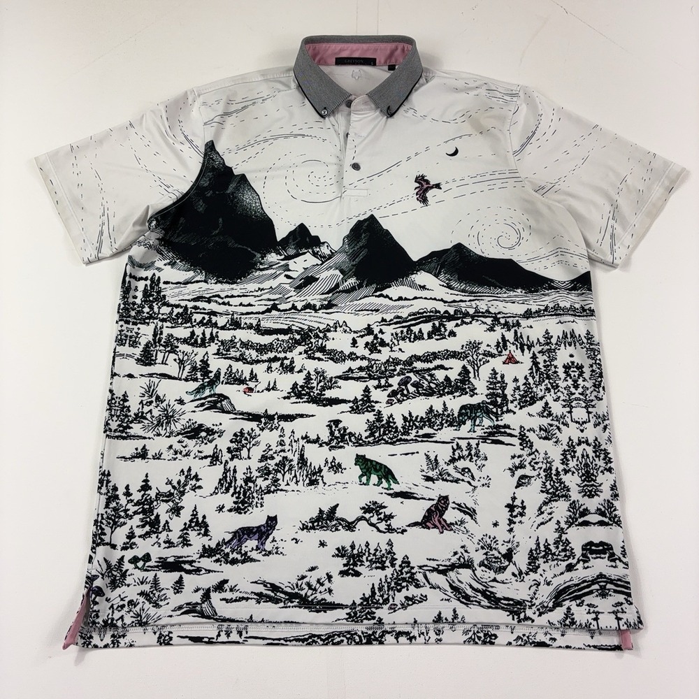 Greyson Polo Shirt Mens L White Mountain Wolf Graphic Print Golf Short Sleeve